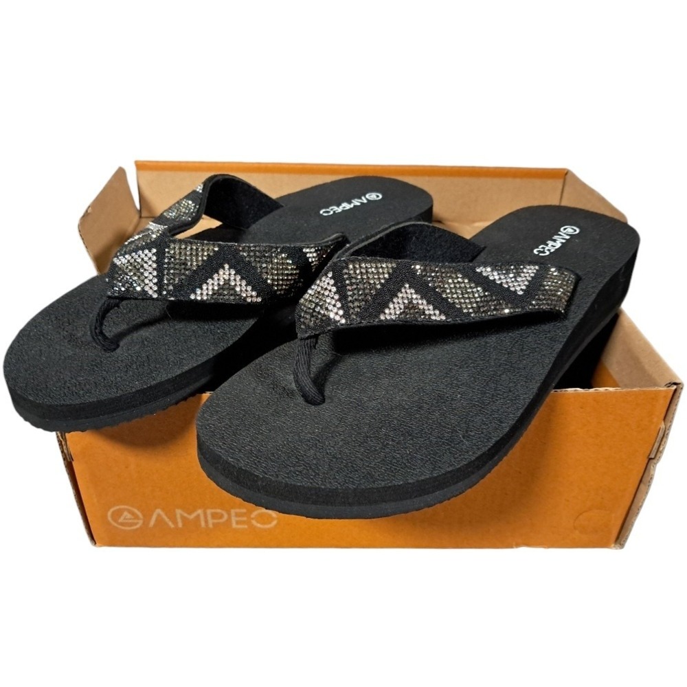 Ampeo‎ Womens Black Rhinestone Flip Flops Thong Sandals Size 6